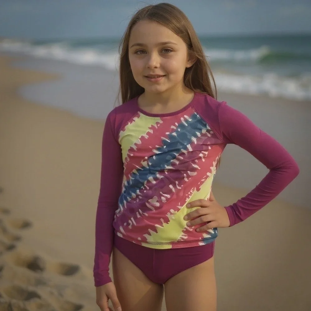 Lands' End 3 Piece Swim Set Girls Size 2T‎ Purple Geometric UPF 50 Quick Dry